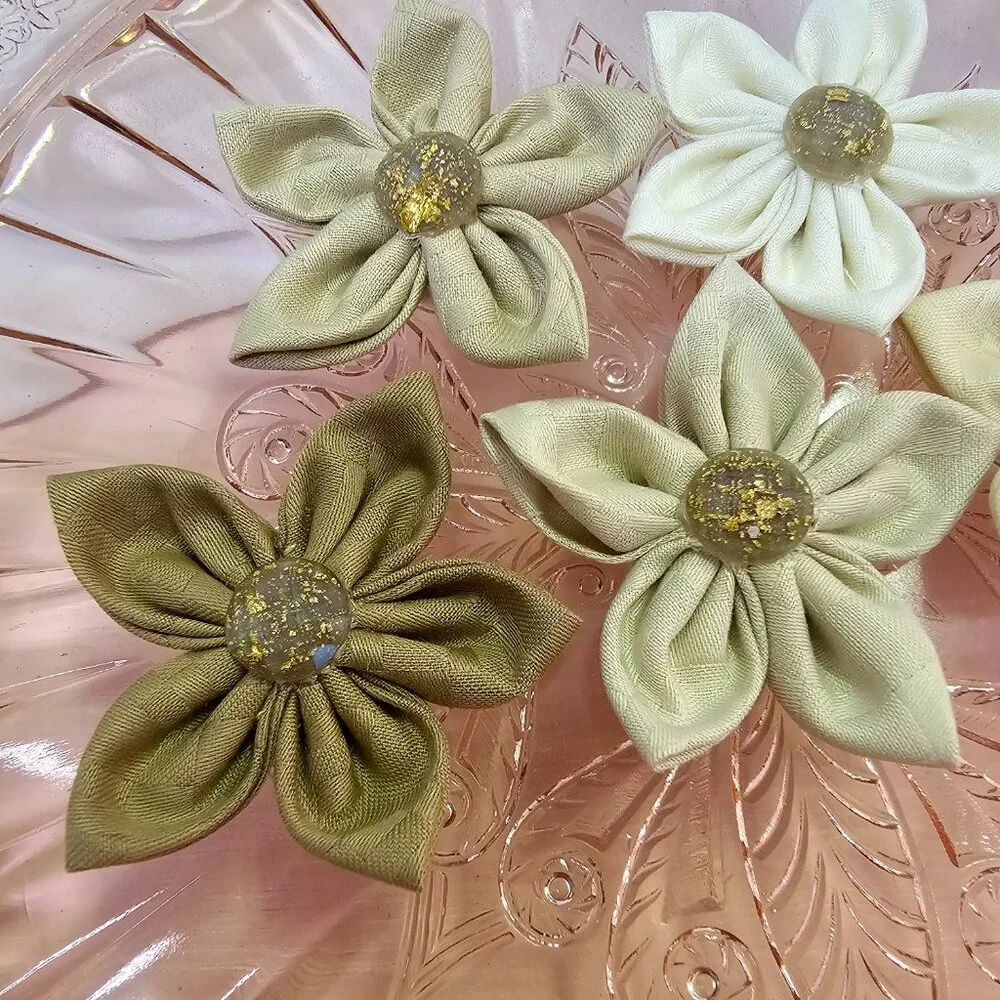 5pc Thatched Dauphin Fabric Flower Set, Vintage Fabrics
